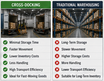 Comparison between cross-docking operations and traditional warehouse storage