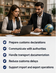 Customs broker and freight forwarder managing international shipping documents and logistics