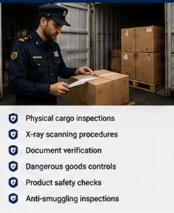 Customs officers inspecting cargo containers and transport vehicles at border terminal