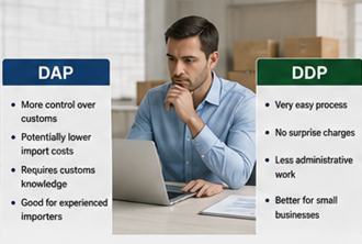 Importer comparing DDP and DAP international shipping options