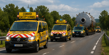 Escort vehicles accompanying oversized transport convoy on European highway