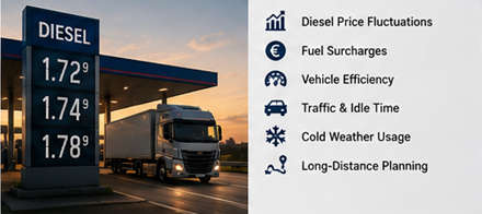 Diesel fuel prices affecting freight transport rates and logistics operations in Europe