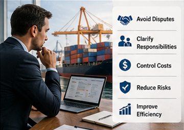 Logistics manager reviewing international shipping contracts and trade terms for cargo transportation
