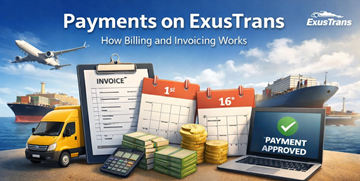 ExusTrans payment and invoicing system with invoice documents, calendar dates 1st and 16th, transport truck, cargo ship and approved payment screen
