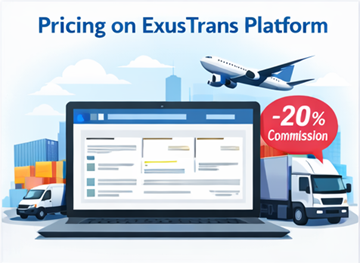 ExusTrans pricing platform dashboard showing express fixed and distribution transport options with 20 percent commission system