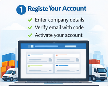 ExusTrans carrier registration form with company and VAT details and email activation