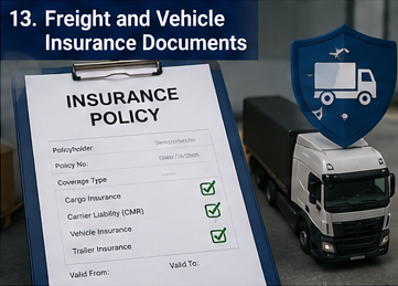 Freight and vehicle insurance documents used in logistics transport to protect cargo trucks and carriers